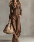 Contrast Piping Linen-Look Blazer and Wide-Leg Pants Set