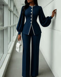 Vintage Piped Lantern Sleeve Pants Set
