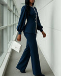 Vintage Piped Lantern Sleeve Pants Set