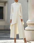 Asymmetric Mock Neck Tunic Coat and Wide-Leg Pants Set