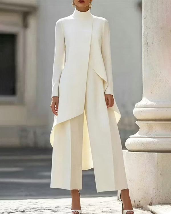 Asymmetric Mock Neck Tunic Coat and Wide-Leg Pants Set
