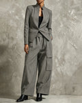 Mandarin Collar Pinstripe Wide Leg Pants Set