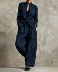 Mandarin Collar Pinstripe Wide Leg Pants Set