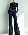 Piped Stand Collar Asymmetric Blazer Pants Set