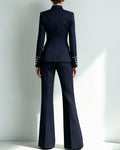 Piped Stand Collar Asymmetric Blazer Pants Set