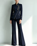 Piped Stand Collar Asymmetric Blazer Pants Set