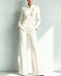 Piped Stand Collar Asymmetric Blazer Pants Set