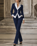Peplum Contrast Lapel Blazer Pants Set