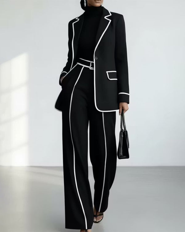 Contrast Piping Single Button Blazer And Wide Leg Pants Set