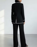 Contrast Piping Single Button Blazer And Wide Leg Pants Set