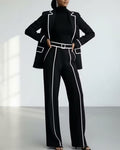 Contrast Piping Single Button Blazer And Wide Leg Pants Set