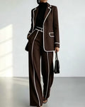 Contrast Piping Single Button Blazer And Wide Leg Pants Set