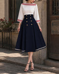 Vintage Nautical Striped Top and Buttoned A-Line Midi Skirt Set