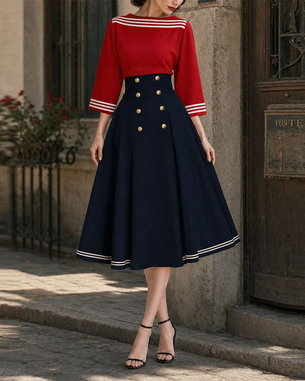 Vintage Nautical Striped Top and Buttoned A-Line Midi Skirt Set
