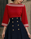 Vintage Nautical Striped Top and Buttoned A-Line Midi Skirt Set