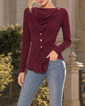 Cowl Neck Draped Front Ruched Waist Top