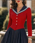 Retro Sailor Collar Colorblock Faux Two-Piece Swing Midi Dress