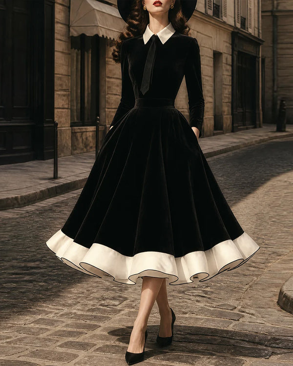 Vintage Contrast Lapel Velvet Patchwork Swing Midi Dress