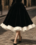 Vintage Contrast Lapel Velvet Patchwork Swing Midi Dress