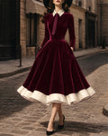 Vintage Contrast Lapel Velvet Patchwork Swing Midi Dress