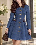 Vintage Contrast Leather Collar Button-Down A-Line Dress