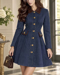 Vintage Contrast Leather Collar Button-Down A-Line Dress