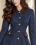 Vintage Contrast Leather Collar Button-Down A-Line Dress