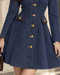Vintage Contrast Leather Collar Button-Down A-Line Dress