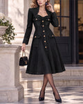 Vintage Asymmetric Sweetheart Stand Collar Denim-Style Midi Swing Dress