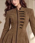 Military-Inspired Contrast Trim Suede A-Line Mini Dress