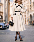 Vintage Contrast Trim Lapel Button-Down A-Line Swing Coat Dress