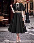 Vintage Knit Collar Fringe Cape & Swing Midi Skirt Two-Piece Set