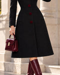 Contrast Velvet Lapel Single-Breasted A-Line Midi Coat Dress