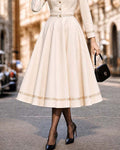 Vintage Lace-Trim Button Front A-Line Swing Midi Dress