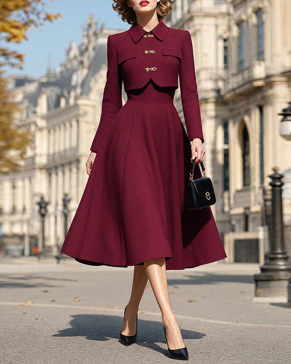 Vintage Two-Piece Cropped Jacket and Flared A-Line Midi Dress Set