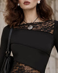 Lace-Trim Long Sleeve Slim Fit Pullover Top