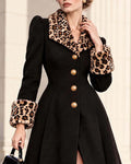 Leopard Trim Fit-and-Flare Midi Swing Coat