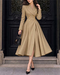 Inverted Pleat Shoulder Fit-and-Flare Midi Swing Coat
