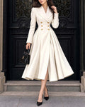 Inverted Pleat Shoulder Fit-and-Flare Midi Swing Coat