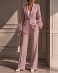 Elegant Feather Cuffs Blazer and Suit Pants Set