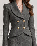 Timeless Herringbone Shawl Lapel Blazer Skirt Set