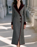 Elegant Herringbone Velvet Trim Long Coat