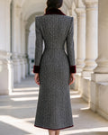 Elegant Herringbone Velvet Trim Long Coat