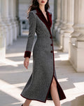 Elegant Herringbone Velvet Trim Long Coat