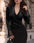 Elegant Lace Patchwork Velvet Wrap Tops