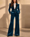 Formal Office Velvet Blazer and Flared Pants Set
