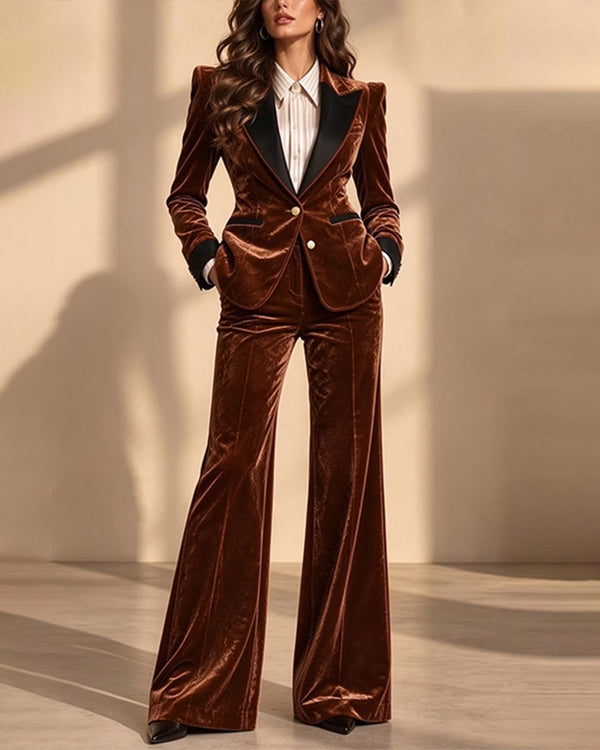 Formal Office Velvet Blazer and Flared Pants Set
