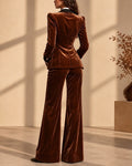 Formal Office Velvet Blazer and Flared Pants Set