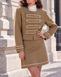 Military Frogging Trim Cropped Jacket & A-Line Mini Skirt Two-Piece Set