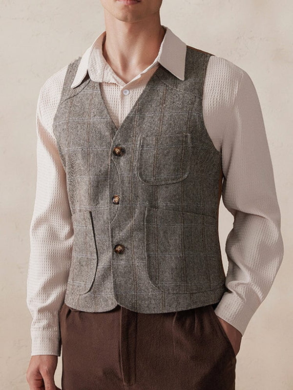 Plaid Splicing Tweed Vest Vest coofandy Gray M 